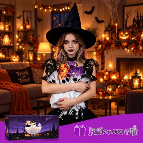 Halloween Decorations Outdoor Indoor Warm Light-Up Hanging Ghosts with Legs & Witch Hat - 4 Pack
