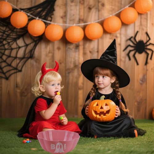Pink Halloween Candy Bowl Set - Reusable Plastic Pumpkin Trick or Treat Bowls, 11.6x4.3 Inches