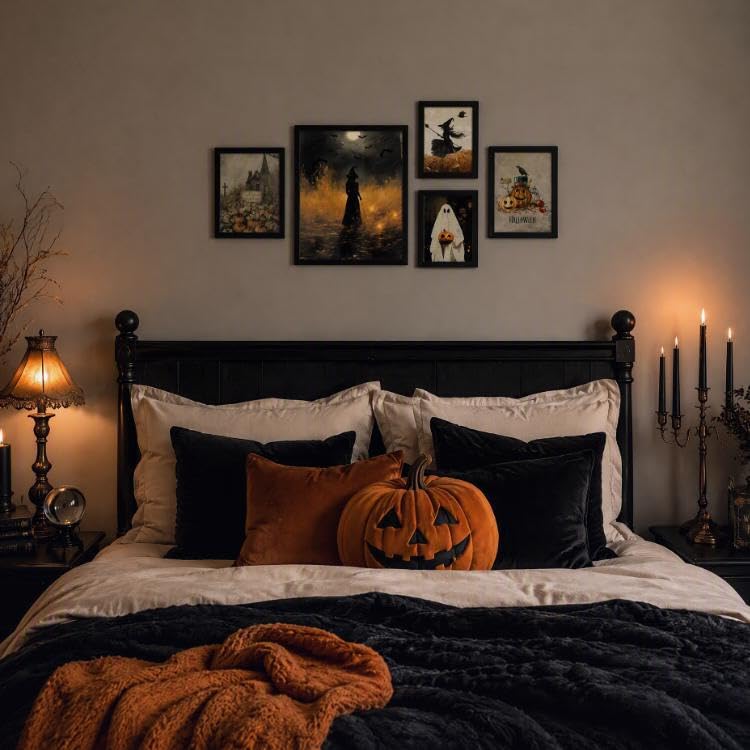 Halloween Wall Art Decor Set - Framed 5 Pack with Black Frames & Custom Sizes (Black / Halloween)