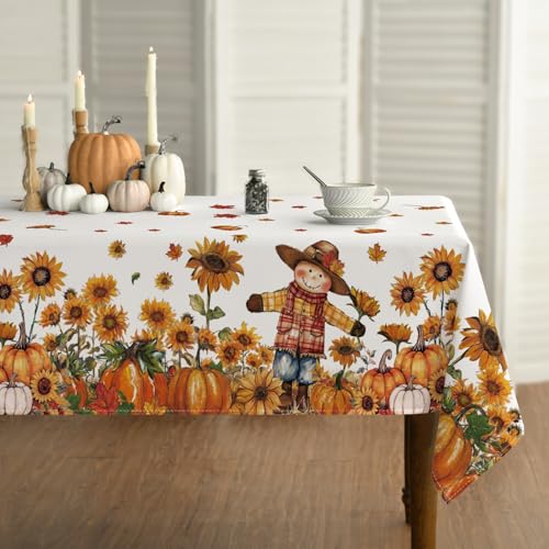 Horaldaily Fall Tablecloth 60 x 84 Inch Rectangular Scarecrow Pumpkin White