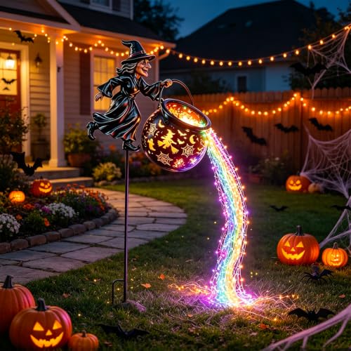 Outdoor Witch Cauldron Halloween Garden Light with Cascading Rainbow LEDs