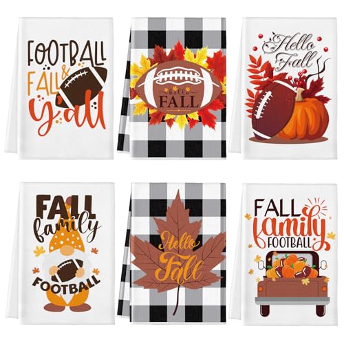 Football Fall Pumpkin Kitchen Towels Set - 6 Piece Dish Cloths with Hanging Loop