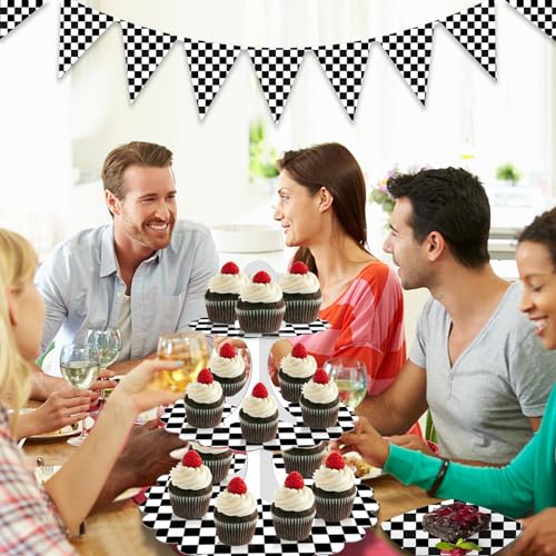Black White Race Car Cupcake Stand 2-Pack - 3-Tier Dessert Tower for Car Birthday
