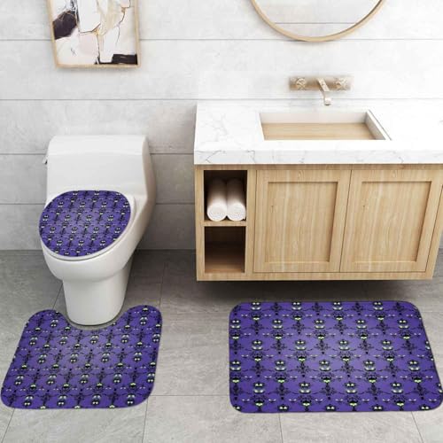 Halloween Shower Curtain Set with Rugs - Purple Skull Pumpkin Bat Design, Waterproof Fabric, Non-Slip Bathroom Decor - Variation: Purple Halloween