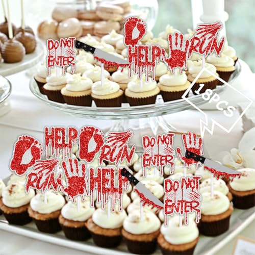Halloween Cake Topper Picks 18pcs Red Glitter Party Decorations