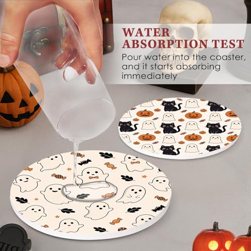 Kawaii Ghost Cat Halloween Coasters Set of 6 Ceramic Stone Drink Protectors with Cork Base