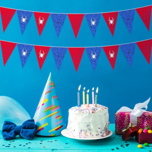 Spider Web Birthday Party Decorations Banner - Red & Blue Flags, 49.2 ft, 5 Pcs
