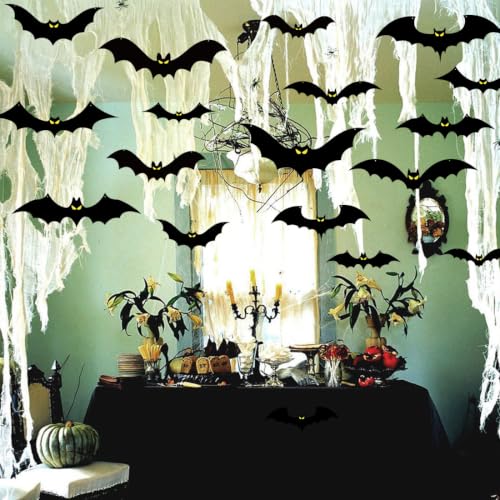 Halloween Hanging Bat Decorations Set with Glowing Eyes - Outdoor Waterproof Plastic Bats, 18 Pieces