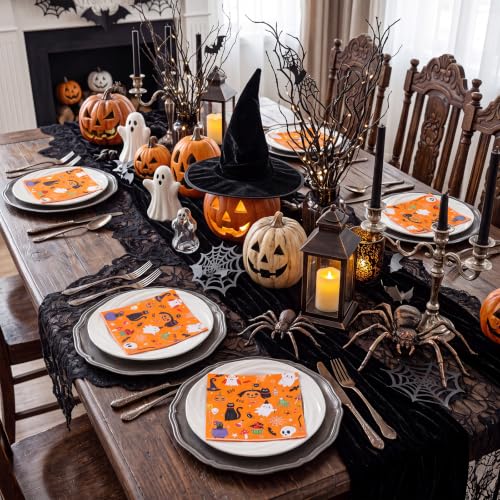 Halloween Napkins 50 Pack - Orange Ghost Spider 6.5 Inch Disposable Party Napkins