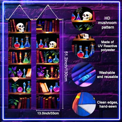 UV Reactive Black Light Tapestry - Magic Bookshelf Design, Trippy Wall Decor for Bedroom & Room Backdrop - 2 Pieces