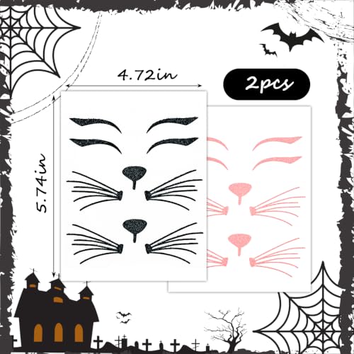 Cat Face Jewels and Stickers - Glitter Cat Face Makeup Accessories, Black+Pink