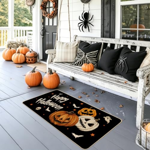 Halloween Ghost Doormat with Pumpkins Bat Welcome Mat 17x36 Inch Non-Slip Indoor Outdoor Seasonal Entryway - Variation: Three Pumpkins 1.5x3 ft