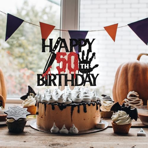 Black Glitter Killer Happy 50th Birthday Cake Topper - Halloween Horror Theme - Variation 50