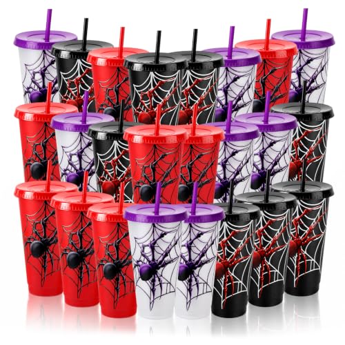 24 Pcs Spider Party Cups with Lids & Straws - Halloween & Themed Celebration Set