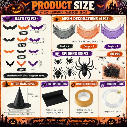 Halloween Decorations Kit - 167pcs Spooky Classroom Party Decor with Bats Spiders & Witch Hats - Variation: Halloween