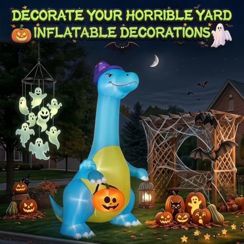 12FT Blue Dinosaur Inflatable Halloween Yard Decoration with LED Lights - Friendly Outdoor Dinosaur