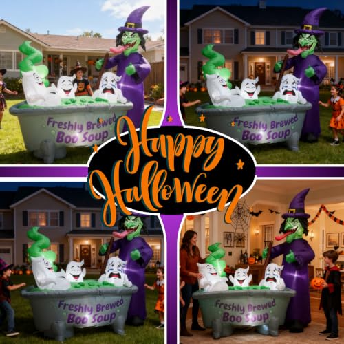6ft Halloween Inflatable Witch Cauldron with Ghosts RGB LED Lights Yard Decor