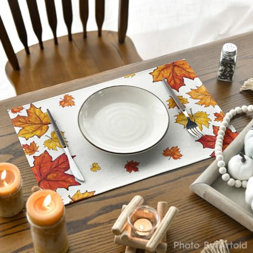 Set of 4 Fall Maple Leaf Placemats - 12 x 18 Inches, Durable Polyester