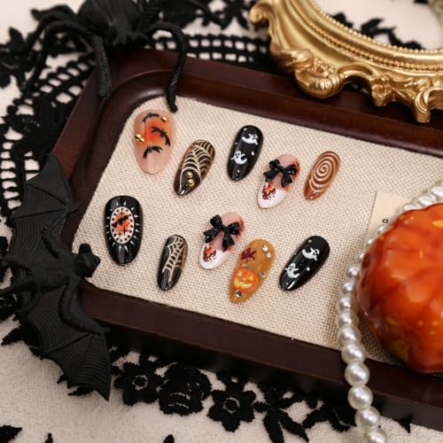 Halloween Press On Nails Medium Almond Ghost Bat Gothic Fake Nails - Variation 3