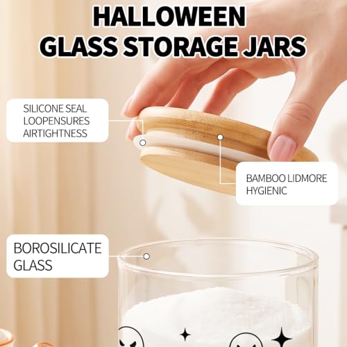 Halloween Ghost Candy Cookie Glass Jars - Black White Ghost 3 Pack - Spooky Food Storage Containers
