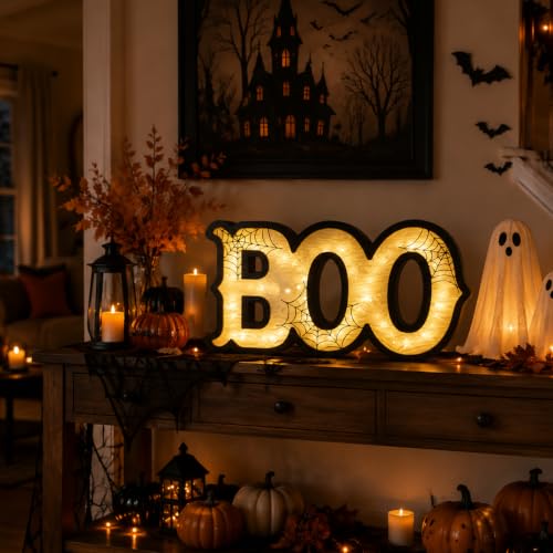 Light Up Halloween BOO Sign with Spiderweb Pattern - Wooden Indoor Decor