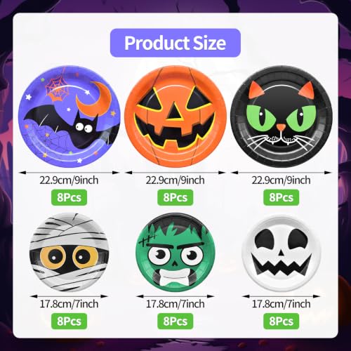 Halloween Party Plates Set - 48 Disposable Paper Plates with Cat, Pumpkin, Bat & Skull Designs