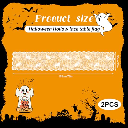Spider Ghost Halloween Table Runner 13x72 Inch White Lace Web Decor - 2 Pack