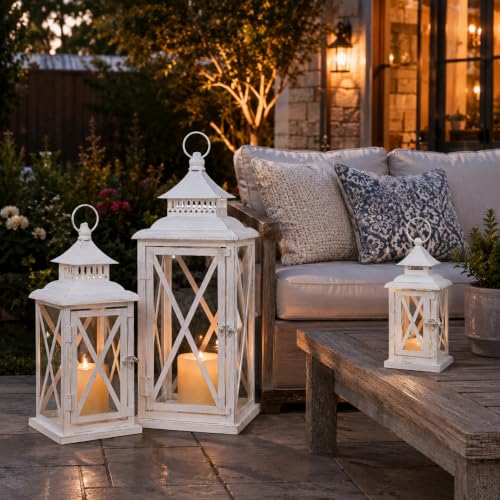 White 20”, 13”, & 9” Decorative Lantern Set - Indoor & Outdoor Candle Holders - Farmhouse Style - Variation: White / 20” & 13” & 9” / 3 Pcs