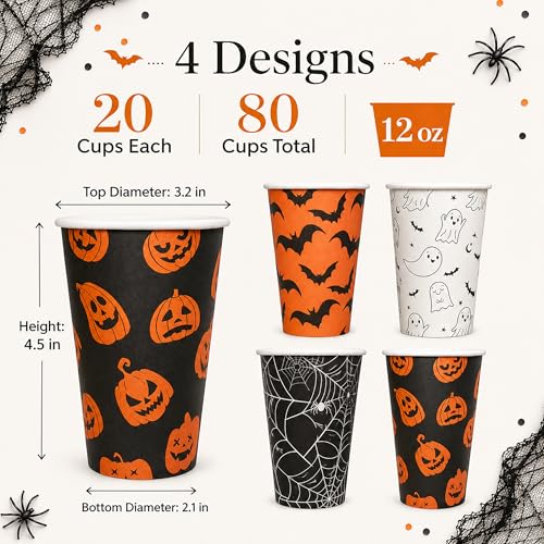 Halloween Paper Cups with Lids 80 Pack 12 oz Coffee Cups - Black Lids & 4 Designs