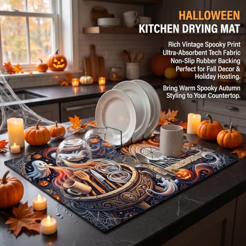 Halloween Ghost Pumpkin Dish Drying Mat - 12x20 Spooky Kitchen Decor