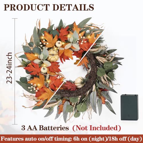 24-Inch Autumn Wreath with Lights and Timer - Fall Front Door Decor
