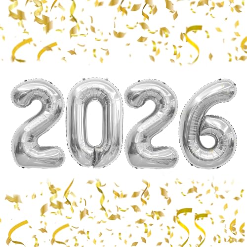 40 Inch Silver 2026 Number Balloons for New Year & Graduation Decorations – Reusable Foil Globos