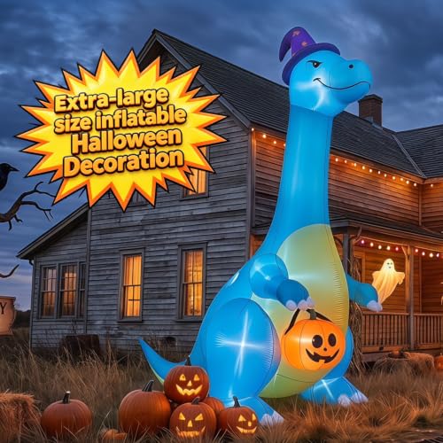 12FT Blue Dinosaur Inflatable Halloween Yard Decoration with LED Lights - Friendly Outdoor Dinosaur