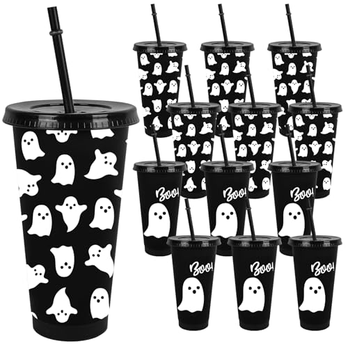 Halloween Ghost Plastic Cups with Lids & Straws - 24 Oz Reusable Tumblers for Party, Birthday & Baby Shower Decor, Black & White, Set of 12