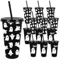Halloween Ghost Plastic Cups with Lids & Straws - 24 Oz Reusable Tumblers for Party, Birthday & Baby Shower Decor, Black & White, Set of 12