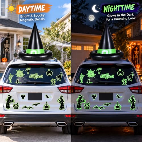 Halloween Witch Hat Car Decorations Kit - Neon Green Inflatable & Magnet Set for Trunk or Treat