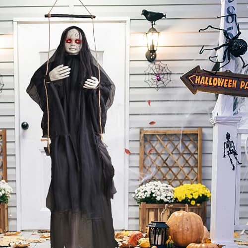 Halloween Hanging Ghost Decoration with Glowing Eyes & Sound - Indoor/Outdoor Spooky Ghost Girl