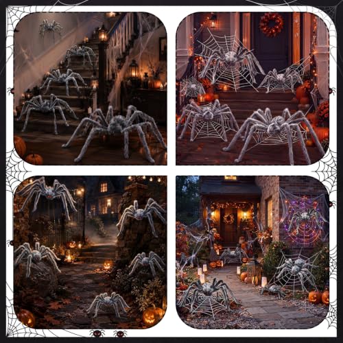 Halloween Gray Spider Decorations Set - 5 Realistic Plush Spiders with Adjustable Legs