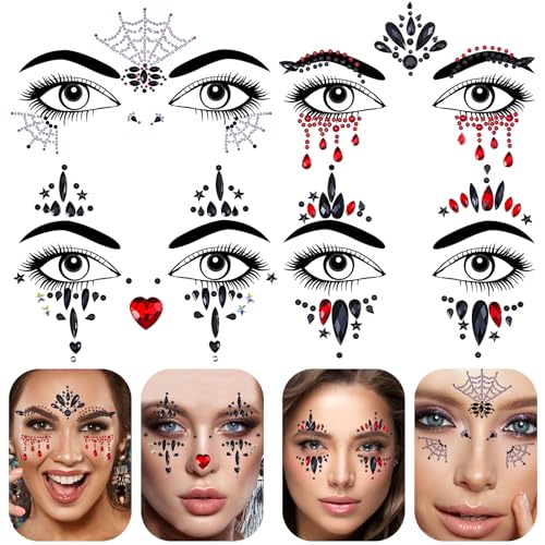 Halloween Face Gems Stickers Set - Self-Adhesive Rhinestone Jewels for Face & Body, 4 Styles