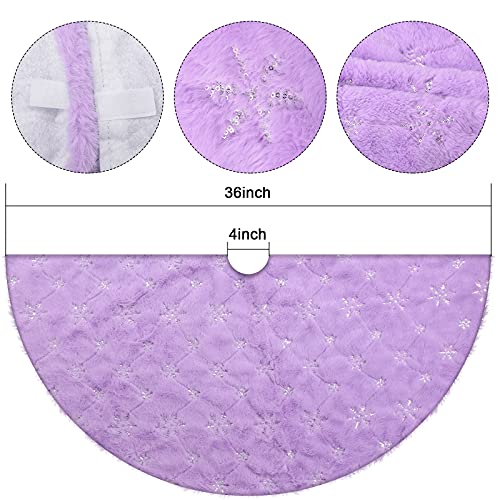Purple 36 Inch Faux Fur Christmas Tree Skirt with Silver Sequin Snowflake - Holiday Decor