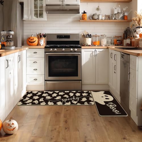 Ghosts Boo Halloween Kitchen Mats Set of 2 - 17x29 & 17x47 Black