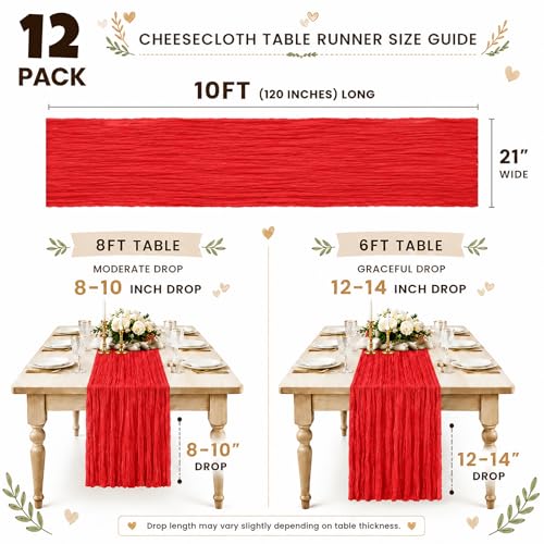 Red Cheesecloth Table Runner 21 x 120 Inch - Pack of 12 for Home & Event Decor - Variation: Red / 12 Pack