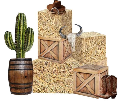 Western Cowboy Party Decorations Set with Hay Bales & Centerpieces - Rustic Farm Theme