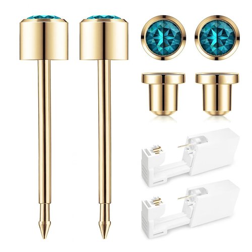 SugarTang Ear Piercing Kit Gold 4mm with Safety Back Disposable Ear Piercing Gun Kit 2 Pack Made in 316L Surgical Stainless Steel | At Home Self Ear Piercer Kit with Preloaded Ear Stud （Peacock Blue）