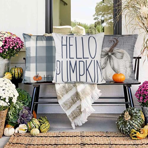 Blue Fall Pillow Covers Set - 18x18in Gray & Blue Buffalo Plaid Farmhouse Decor - Bule