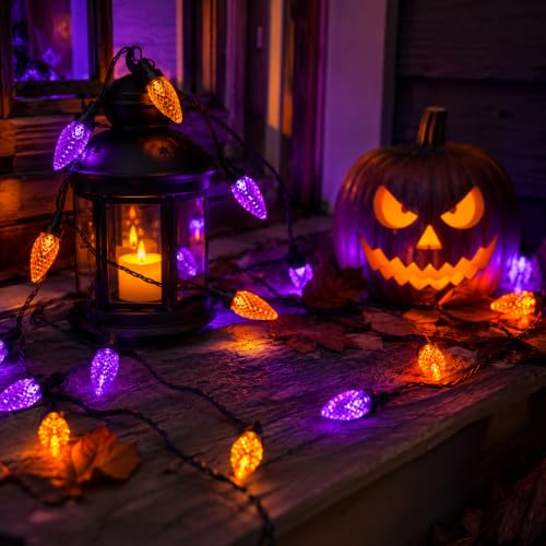 Halloween String Lights Battery Operated 29.5 Ft 100 LEDs C6 Color Change with 8 Modes - Orange