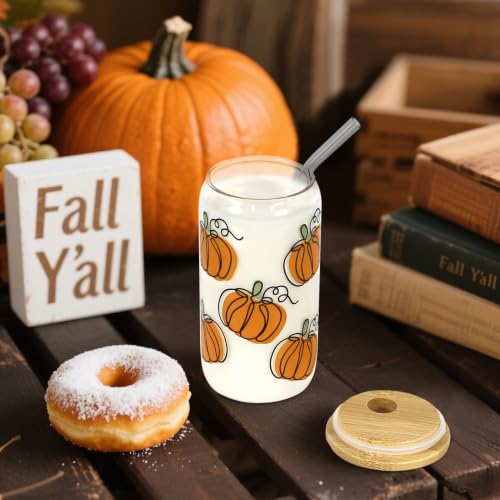 Fall Pumpkin Iced Coffee Glass Cup with Lid & Straw - 18oz Orange