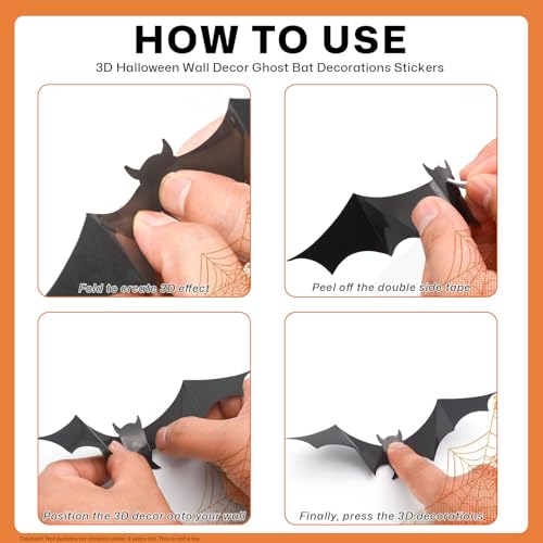 Halloween Ghost Wall Decor Set - 25 Reusable 3D Stickers & Bats - Boo Letters