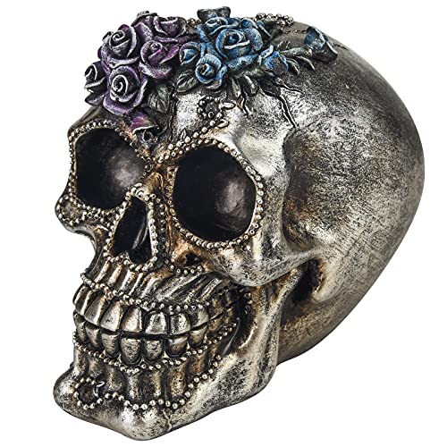 Small Silver Skull Statue with Roses & Beads - Halloween Day of The Dead Decor