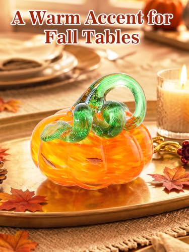 Bright Orange 3.5-Inch Handmade Blown Glass Pumpkin for Fall Home Decor